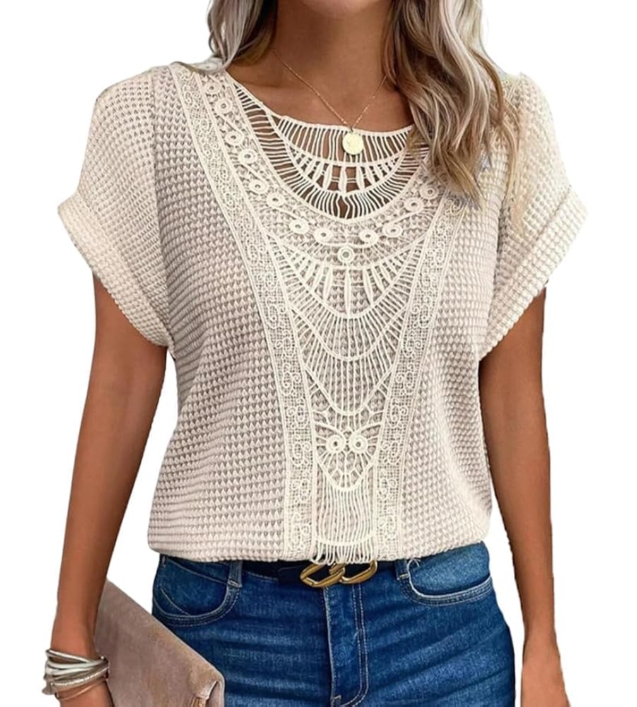 Chvity Elegant Lace Trim Knit Tunic Tops - Summer Blouse for